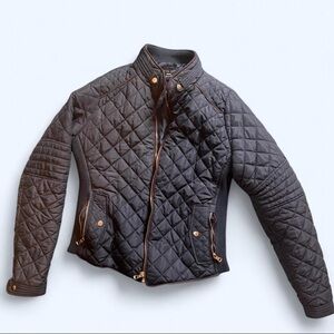 Love Tree Quilted Puffer Jacket in Navy with Brown Trim